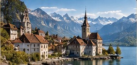 Lakeside Swiss village with church tower and alpine panorama