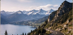 Mountain road along an alpine lake in Switzerland