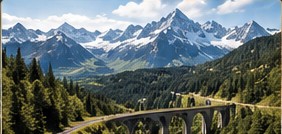 Swiss railway viaduct crossing an alpine forest valley